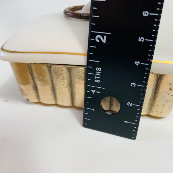 MCM Atomic Style Trinket Box Ridged Brass Base Ceramic Lid O Ring Handle Decor - Picture 10 of 13